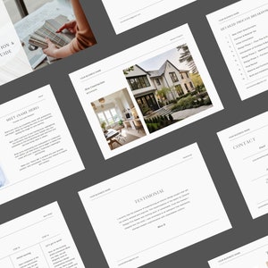 May include: A white and gray brochure with the title "Introduction & Service Guide" and a photo of a woman holding a color palette. The brochure also includes a photo of a modern home, a testimonial, and a contact section.