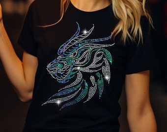 Women's Green Dragon Short Sleeve t-shirt Black with Crystal Rhinestones