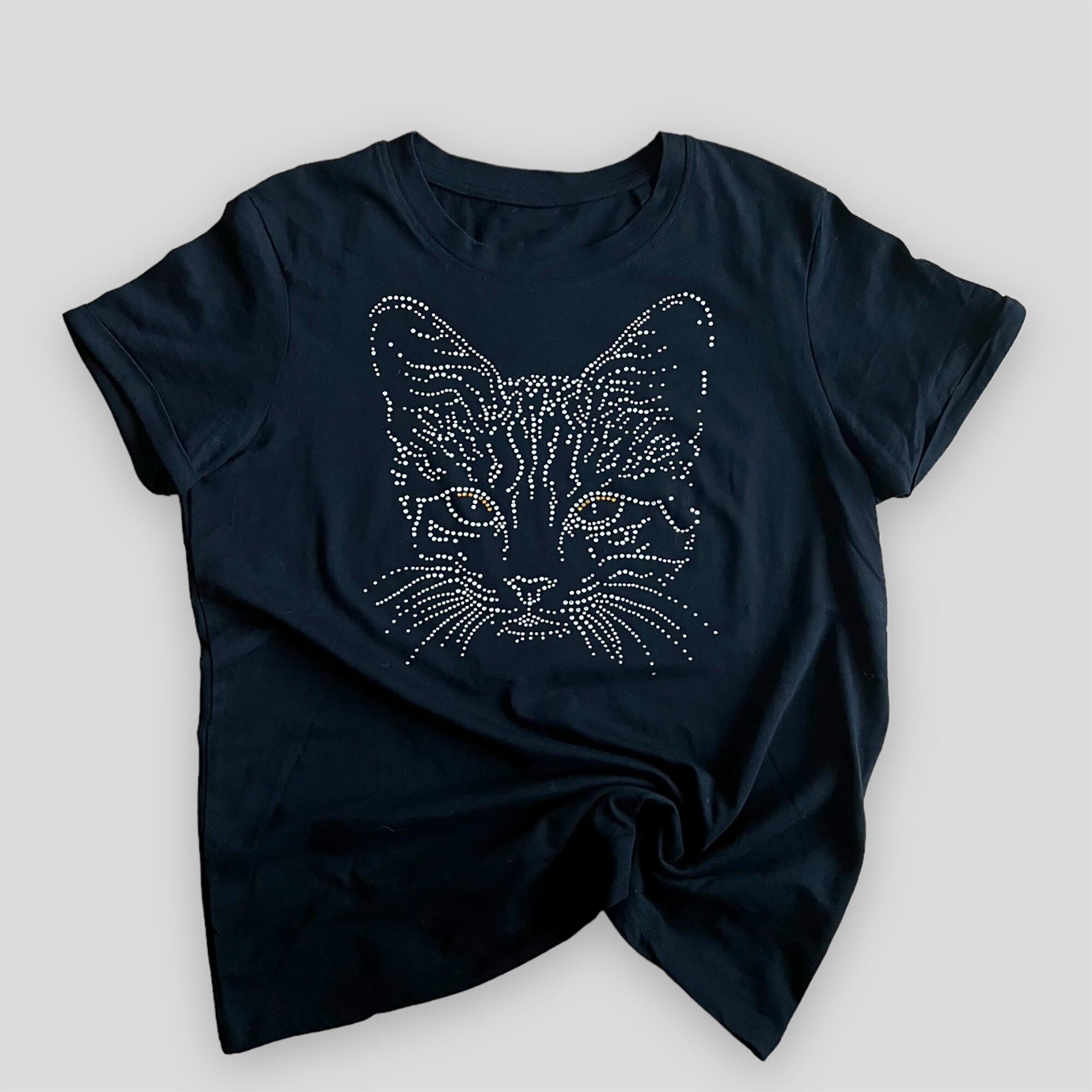 Women's Cat Face Short Sleeve T-shirt Black With Crystal