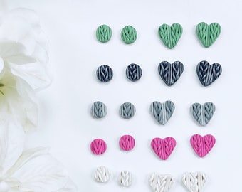 Handmade Knitted Polymer clay duo pack of studs circle/heart shape. silver studs. Everyday small studs . Gifts for her. Lightweight gift