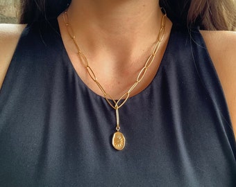 Collier doré en acier inoxydable - grosse maille - pendentif Fleur