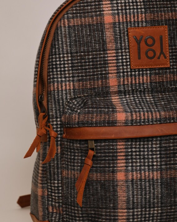 Plaid Backpack with Brown Accents Plaid Wool Student Backpack – Handmade Leather Trim School  main image 2