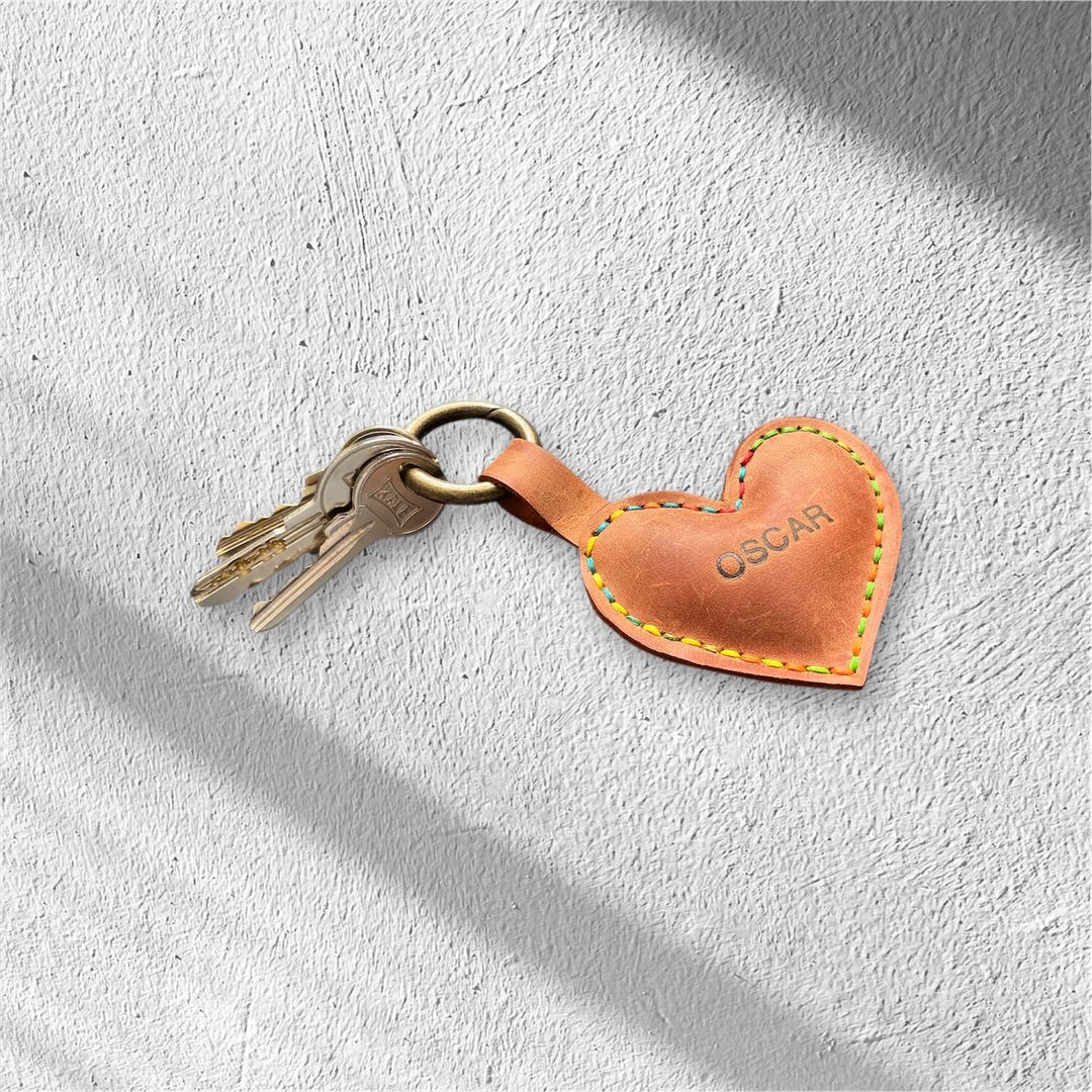 Heart Keychain Ricky Martin Personalized Leather Heart Keychain | Handmade Rainbow Stitched Gift ...