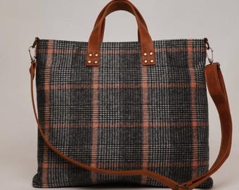 Handmade Plaid Wool Shoulder Bag, Minimal Unisex Crossbody Tote