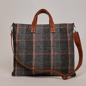 Plaid Wool Timeless Tote Bag – Handmade, Leather Straps, Stylish and Durable Large Shoulder Bag, Perfect for Work, School & Everyday Use,