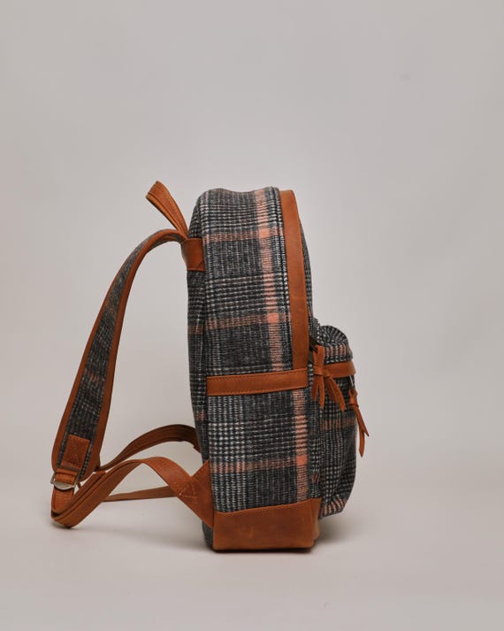 Plaid Wool Student Backpack – Handmade Leather Trim School 