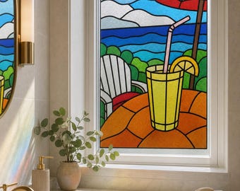 Blue Beach Drink Static Cling Window Film, Printed Stained Glass Effect, Custom Size