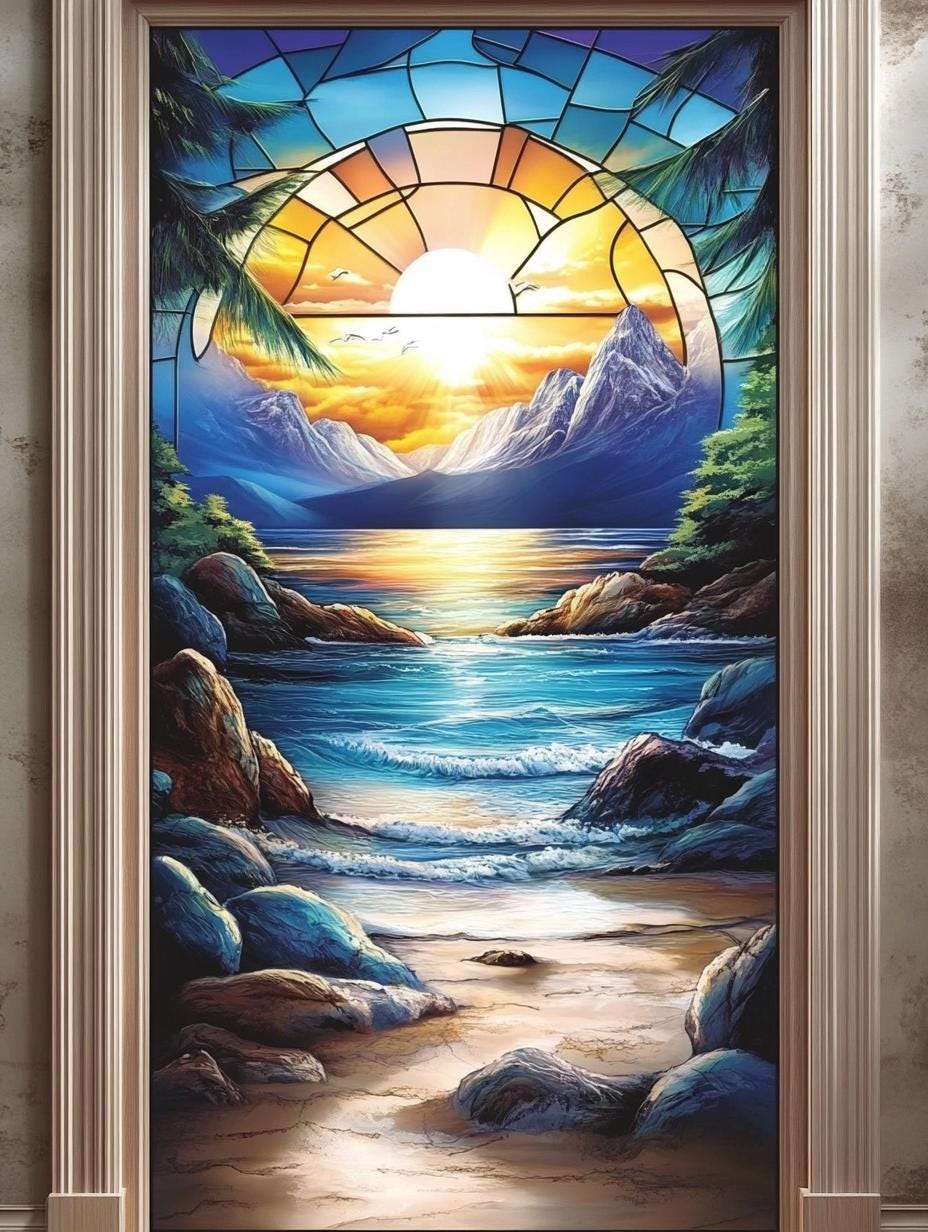 Custom Size Scenic Window Film Sunrise Over Ocean and Mountains Design ...