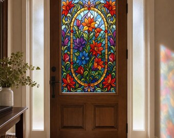 Privacy Film for Front Door Glass, Art Deco Floral Stained Glass Effect Cling, Custom Size Available
