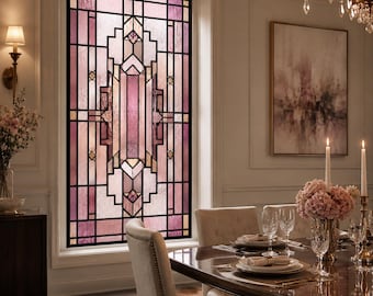 Customized Size Pink Art Deco Stained Glass Window Privacy Film Geometric Privacy Panel for Luxury Formal Dining Room Decor