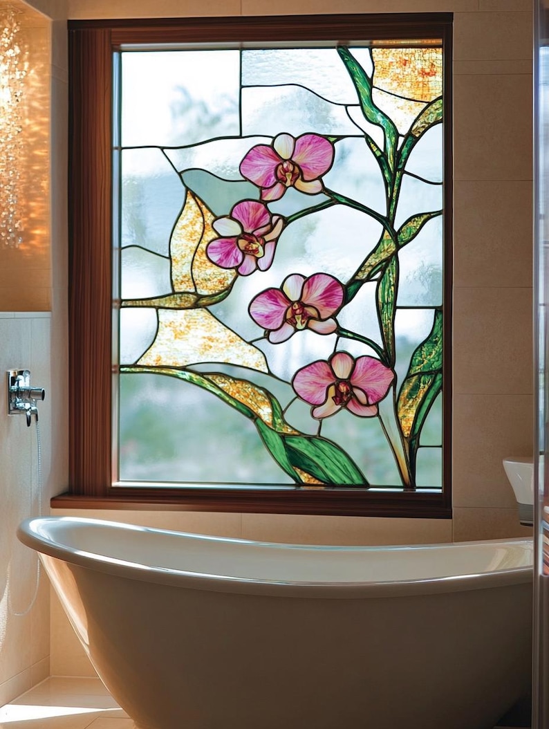 Custom Size Orchid Stained Glass Window Film Elegant Bathroom Privacy ...