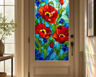 Art Deco Poppy Stained Glass Window Film, Custom Size Static Cling Privacy Decor for Front Door or Window