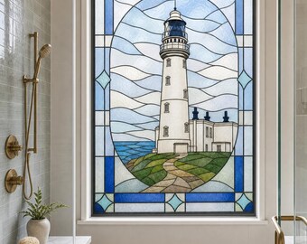 Blue Frosted Lighthouse Static Cling Window Film, Custom Size Available