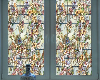 Frosted Window Film Custom Size Spring Floral Art Cling Stained Privacy UV Blocking Glass Film Home Decor for Bathroom Bedroom