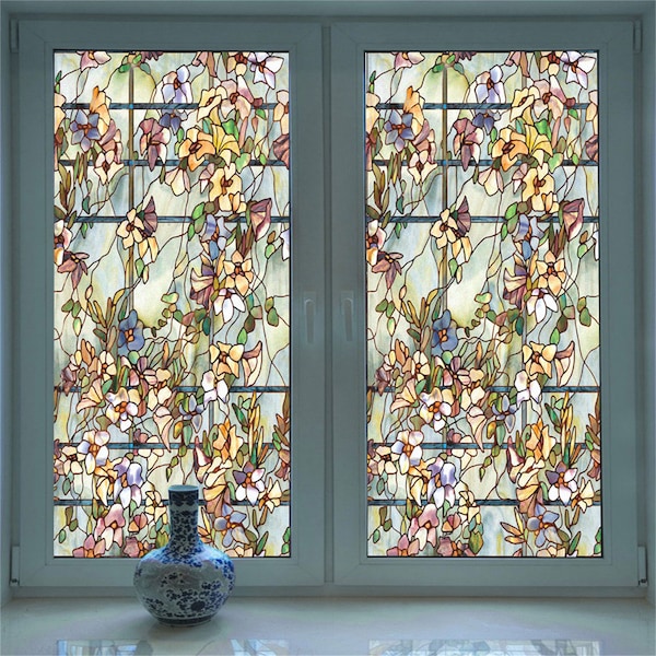 Frosted Window Film Custom Size Spring Floral Art Cling Stained Privacy UV Blocking Glass Film Home Decor for Bathroom Bedroom