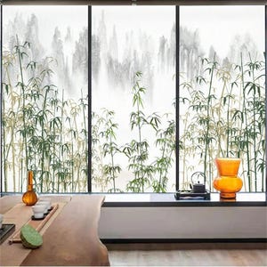 Customized Size Bamboo Landscape Privacy Window Film Glue-Free Detachable Frosted Glass Door Sticker PVC Anti-UV Glass Window Film