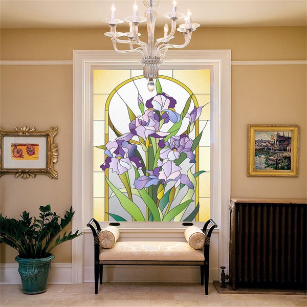 Film pour vitrail givré, taille personnalisée, décoration de fenêtre et de porte, flore violette, décoration de fenêtre et de chambre à coucher, traitement statique de fenêtre
