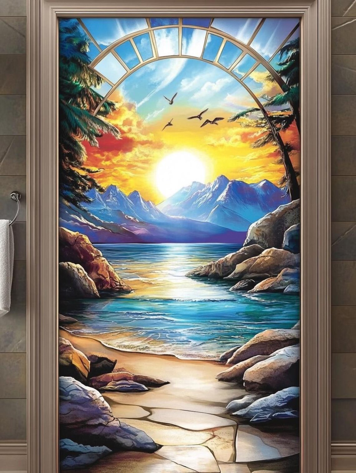 Custom Size Scenic Window Film Sunrise Over Ocean and Mountains Design ...