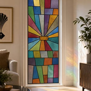 Art Deco-blå strålningsstrålar, fönsterfilm i målat glas, anpassad storlek