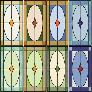 Può includere: Otto pannelli di vetro colorato con una varietà di colori e motivi. Ogni pannello presenta una forma ovale con un motivo a stella al centro. I pannelli sono disposti in due file di quattro.