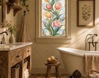 Película de privacidad para vidrieras con diseño de tulipanes a medida, panel floral colorido para decoración de baños rústicos de estilo vintage.