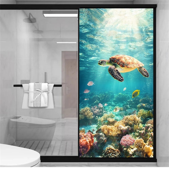 海のサンゴ礁と熱帯魚 ヴィンテージ ステンドグラス マリン フィッシュ ウミガメとカラフルなサンゴ礁のある水中の楽園を描いたカスタムサイズ