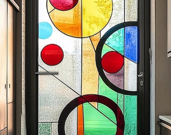 Película de vitral con círculos geométricos modernos de tamaño personalizado, vinilo estático abstracto para privacidad, para puertas de cocina, hogar y oficina.