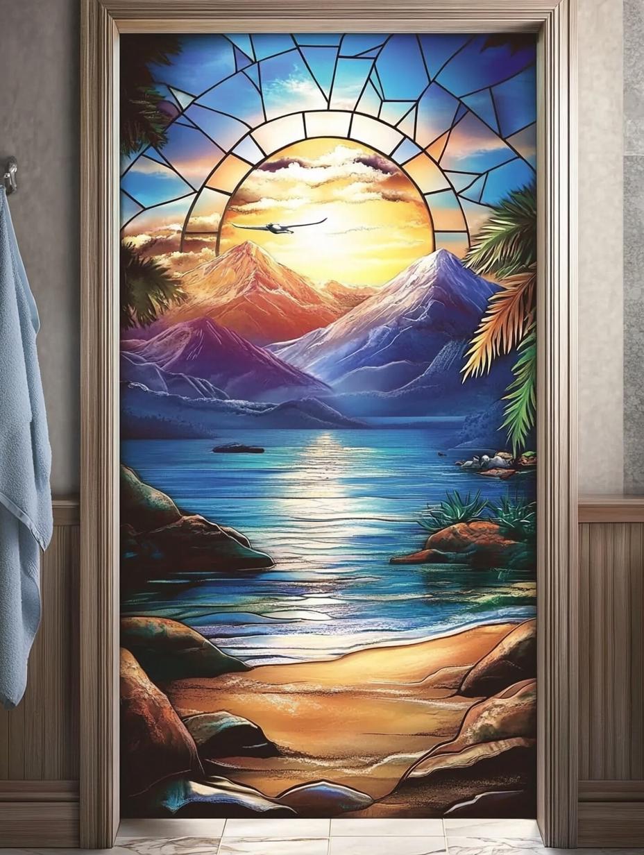 Custom Size Scenic Window Film Sunrise Over Ocean and Mountains Design ...