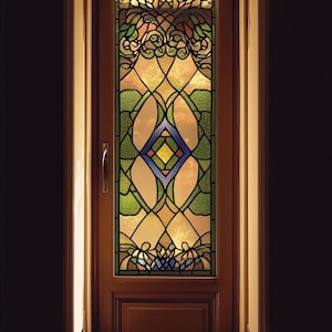 Fönsterfilm i målat glas i anpassad storlek, elegant symmetrisk design med jordfärger, statisk vidhäftning för hall- eller ytterdörrsglas