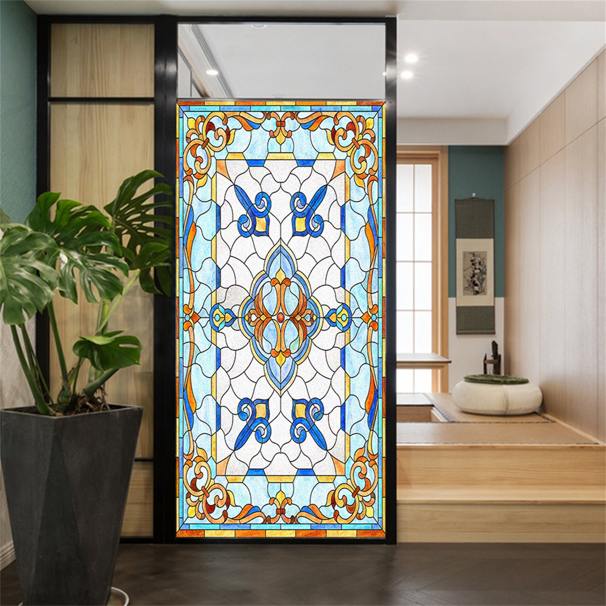 Customize Stained Glass Window Film Blue Church Style Window Stickers ...