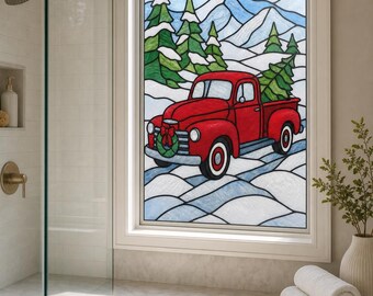 Red Pickup Truck Static Cling Window Film, Snowy Mountain Stained Glass Effect, Custom Size