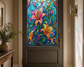 Front Door Stained Glass Effect Window Film, Blue Art Deco Floral Static Cling, Custom Size Available