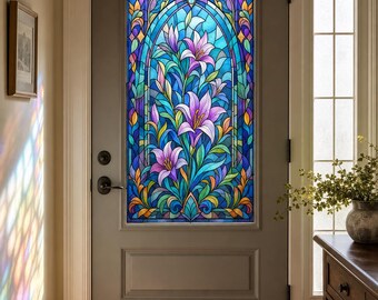 Front Door Printed Stained Glass Effect Film, Blue Art Deco Floral Static Cling, Custom Size Available
