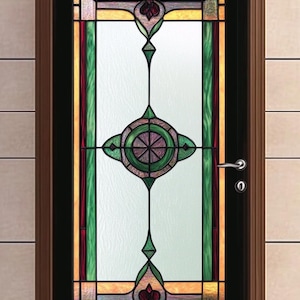 May include: A stained glass door with a geometric design featuring green, red and yellow glass. The door has a black frame and a silver door handle.