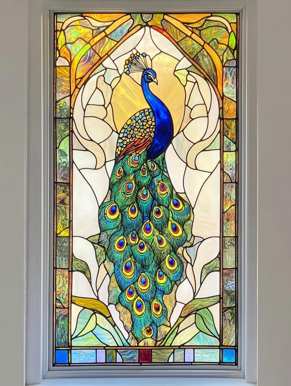 Custom Size Majestic Peacock Window Privacy Film Vibrant Stained