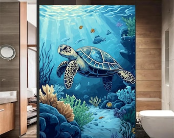 Custom Size Stained Glass Vinyl Showcasing a Vibrant Ocean Scene with Tropical Fish and Sea Turtle Perfect for Glass Doors and Windows