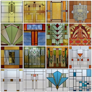 May include: A grid of sixteen stained glass panels with geometric designs. The panels feature a variety of colors including yellow, orange, green, blue, and brown. Each panel has a unique pattern with straight lines and shapes.