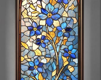 Custom Size Stained Glass Window Cling with Blue Flowers and Golden Accents Vibrant Floral Pattern for Privacy Decoration and Glass Coverage
