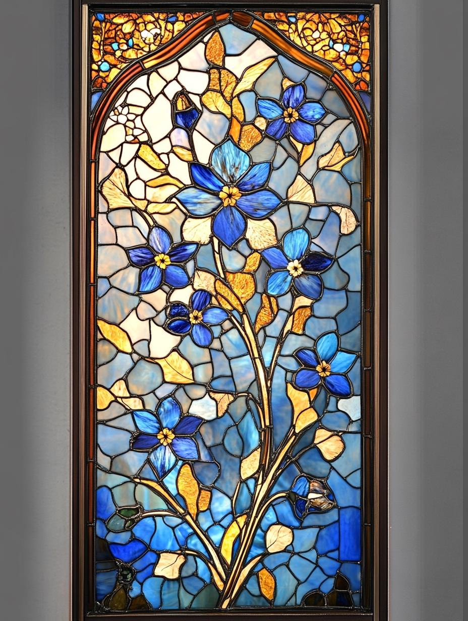 Custom Size Stained Glass Window Cling With Blue Flowers and