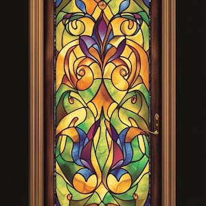 Könnte beinhalten: Eine Holztür mit einer Glasmalerei. Das Panel zeigt ein symmetrisches Design mit wirbelnden Mustern in Gelb-, Grün-, Blau- und Lilatönen. Die Tür hat einen Messinggriff und einen braunen Holzrahmen.