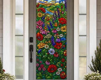 Front Door Wildflower Printed Stained Glass Effect Film, Custom Size Static Cling Privacy Decor