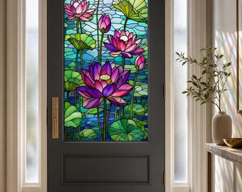 Front Door Lotus Stained Glass Effect Window Film, Custom Size Static Cling Privacy Decor