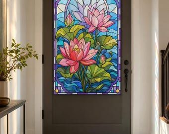 Art Deco Lotus Stained Glass Effect Window Film, Custom Size Static Cling for Front Door or Window