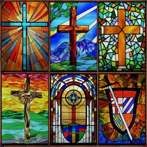 May include: A collage of six stained glass windows featuring crosses in various styles and colors. The windows are framed in wood and have a variety of designs, including a sunburst, a floral pattern, and a geometric pattern.