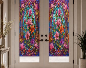 French Door Printed Stained Glass Effect Film, Art Deco Floral Static Cling, Custom Size Available