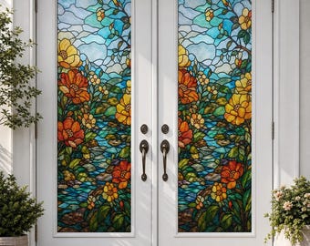 French Door Floral Stained Glass Effect Window Film, Green Art Deco Static Cling, Custom Size Available