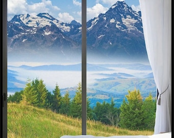 Custom-Sized Mountain Scenery Privacy Window Film Frosted Decorative Film for Glass Doors Anti-UV No Glue Static Cling Window Sticker