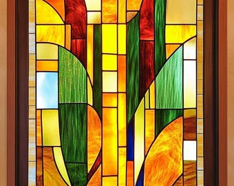 Película de privacidad elegante en tonos cálidos con vitrales geométricos Art Nouveau de tamaño personalizado para ventanas de cocina, sala de estar y entrada
