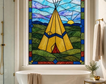 Golden Blue Tipi Landscape Static Cling Window Film, Custom Size Available
