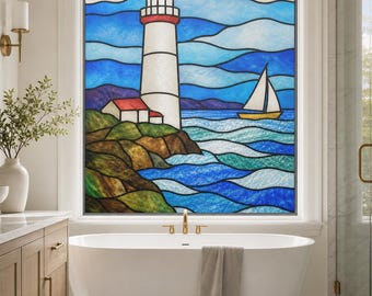 Bathroom Stained Glass Effect Window Film with Lighthouse Seascape, Custom Size Available
